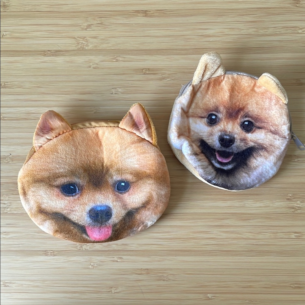 Two Cute Pomeranian Dog Face Plush Zip Pouch Carry Accessory Key Chain